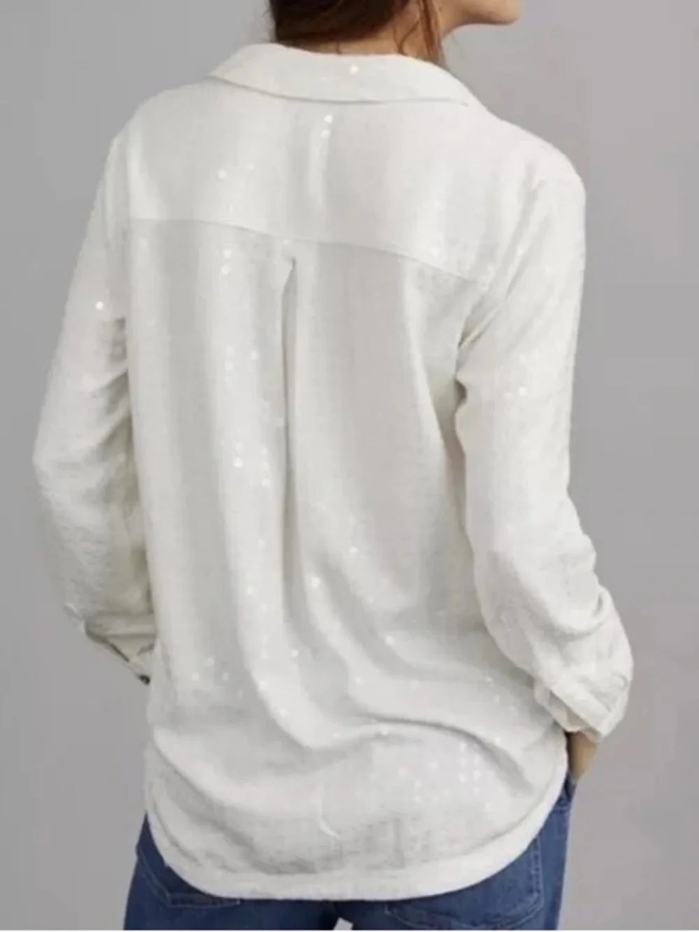 Maeve Anthropologie White Sequin Button Down Shirt Party Bachelorette Sz M - Picture 2 of 7